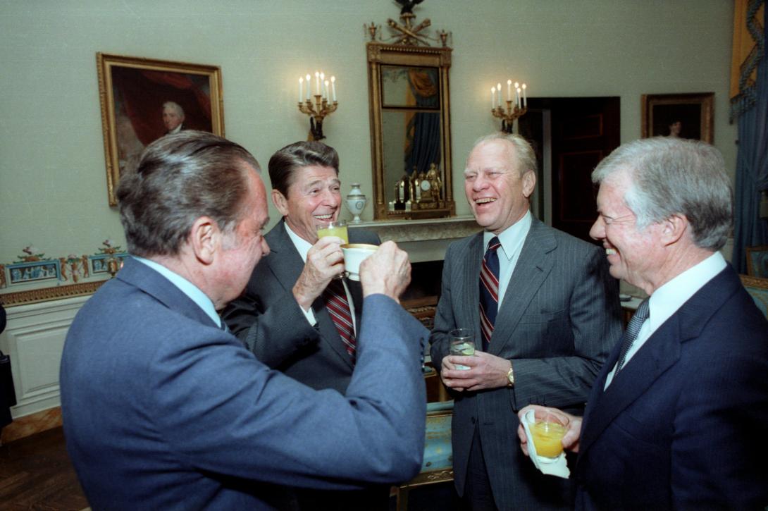 Four Presidents (Reagan, Carter, Ford, and Nixon) toasting in the White House Blue Room prior to leaving for Egypt and President Anwar Sadat's Funeral. (10/08/1981)