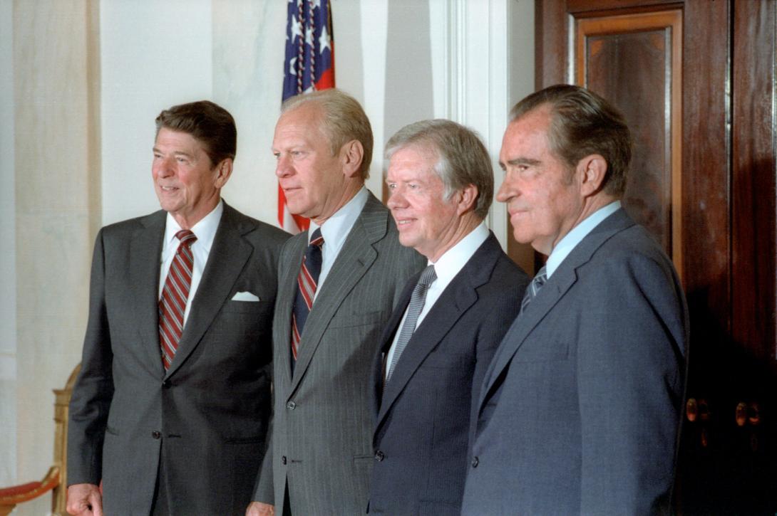 our Presidents (Reagan, Ford, Carter, and Nixon) pose for a portrait prior to leaving for Egypt and President Anwar Sadat's Funeral. (10/08/1981)