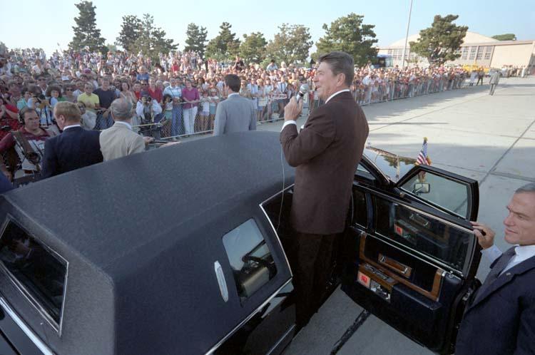 President Ronald Reagan speaking to the crowd from his limousine at Marine Corps Air Station El Toro in Orange County, California 09/02/1984