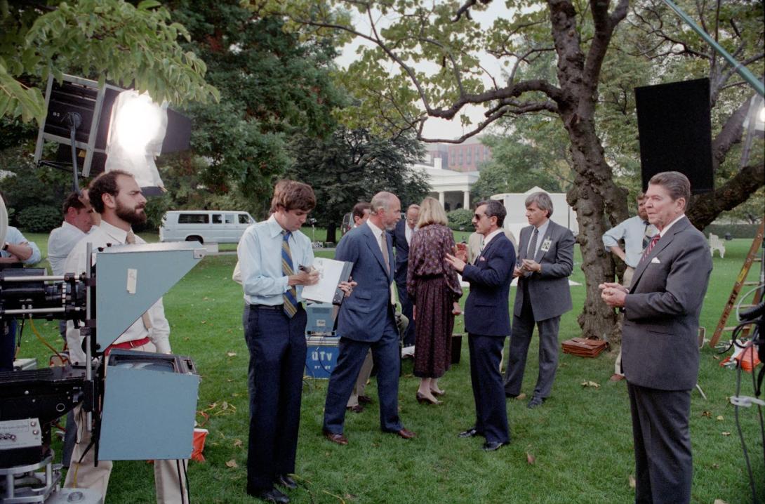 President Ronald Reagan during a video taping session with the Tuesday Team on the South Lawn 10/11/1984 