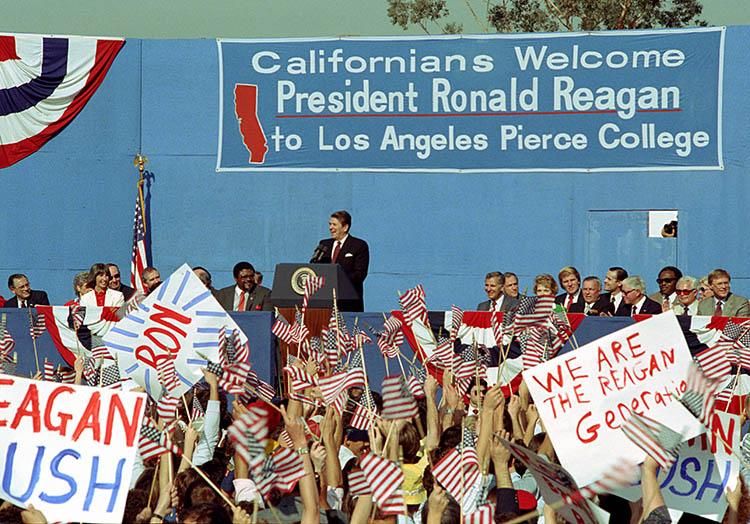 President Ronald Reagan delivering remarks at a Reagan-Bush Rally at Los Angeles Pierce College in Woodland Hills, California 11/05/1984 