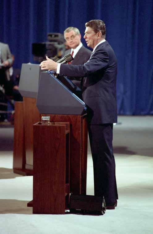 President Ronald Reagan and Democratic presidential candidate former Vice President Walter Mondale during the first presidential debate on domestic policy in Louisville, Kentucky 10/07/1984
