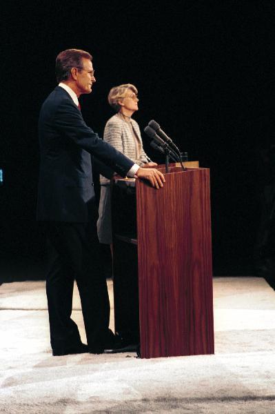Vice President George Bush at the 1984 vice presidential debate with New York Congresswoman Geraldine Ferraro in Philadelphia, Pennsylvania 10/11/1984 Credit: George H. W. Bush Presidential Library and Museum 