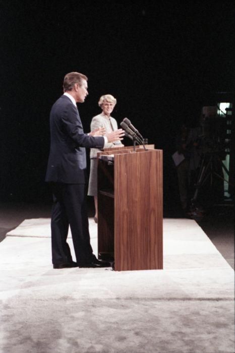 Vice President George Bush and New York Congresswoman Geraldine Ferraro engage in the 1984 vice presidential debate in Philadelphia, Pennsylvania 10/11/1984  Credit: George H. W. Bush Presidential Library and Museum 