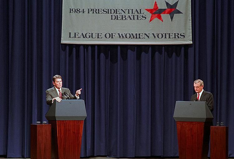 President Ronald Reagan and Democratic presidential candidate former Vice President Walter Mondale during the second presidential debate on defense and foreign policy in Kansas City, Missouri 10/21/1984 