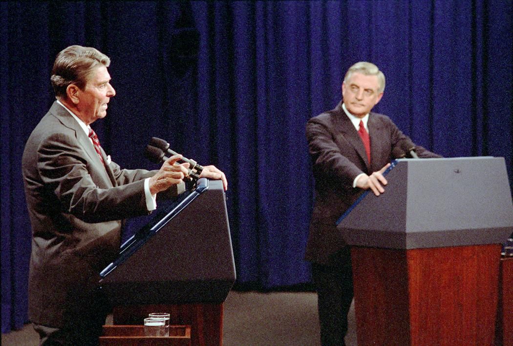 President Ronald Reagan and Democratic presidential candidate former Vice President Walter Mondale during the second presidential debate on defense and foreign policy in Kansas City, Missouri 10/21/1984 