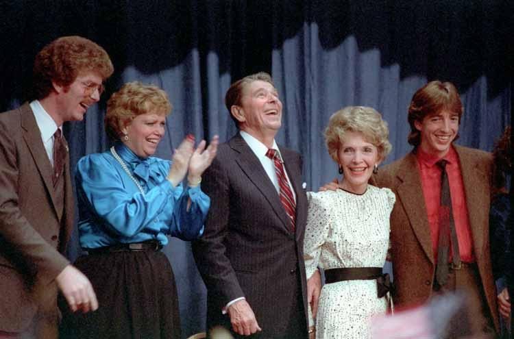 President Ronald Reagan, Nancy Reagan, Ron Reagan, Maureen Reagan, and Dennis Revell at the Victory 1984 Celebration at the Century Plaza Hotel in Los Angeles, California 11/06/1984 