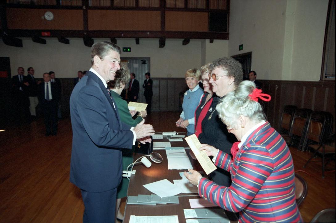 President Ronald Reagan and Nancy Reagan turning in their absentee ballots at the Solvang Veterans’ Memorial Building in Solvang, California 11/06/1984 