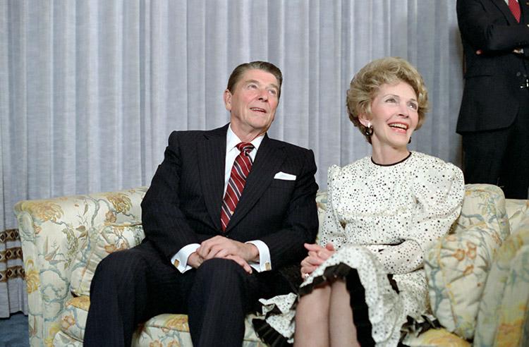 President Ronald Reagan and Nancy Reagan watching election returns at the Century Plaza Hotel in Los Angeles, California 11/06/1984