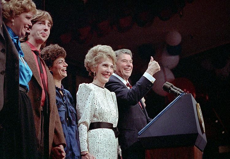 President Ronald Reagan, Nancy Reagan, Ron Reagan, Doria Reagan, and Maureen Reagan at the Victory 1984 Celebration at the Century Plaza Hotel in Los Angeles, California 11/06/1984 