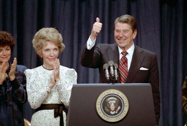 President Ronald Reagan with Nancy Reagan and Doria Reagan at the Victory 1984 Celebration at the Century Plaza Hotel in Los Angeles, California 11/06/1984