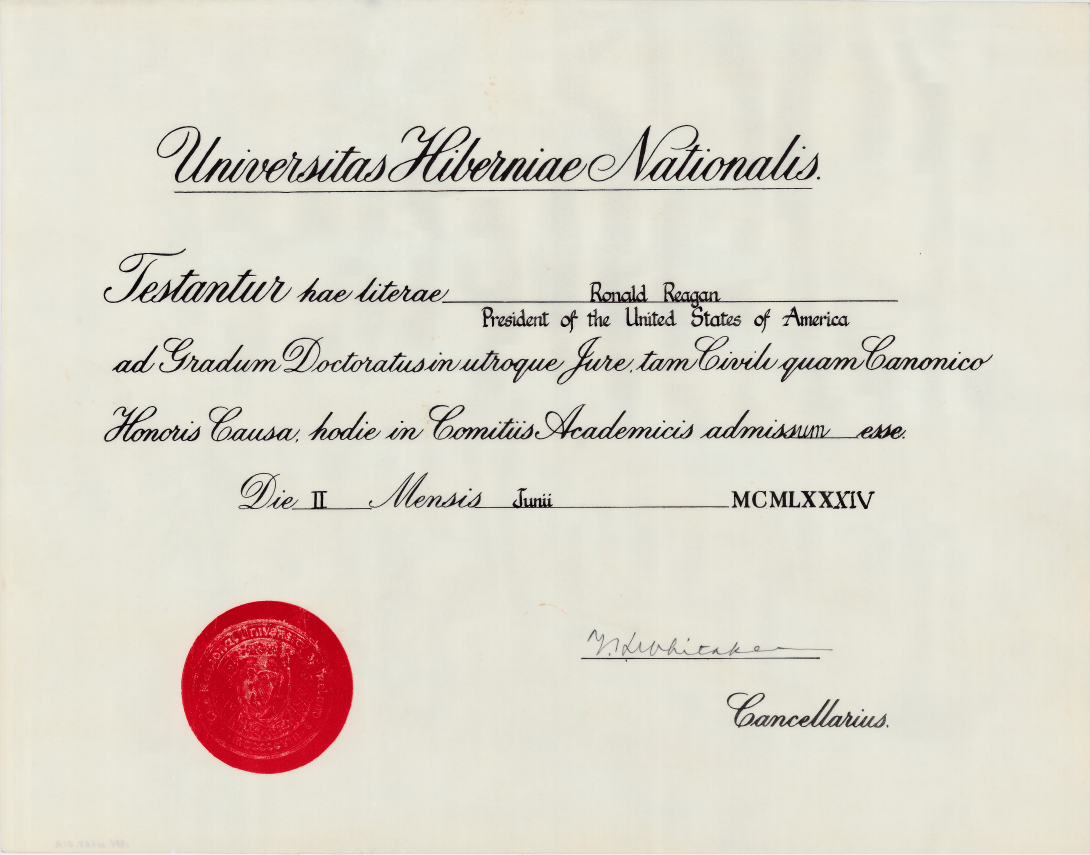 Honorary Doctorate of Laws Degree granted to President Ronald Reagan by University College, Galway, contained in a simulated leather covered tube  Conferred upon by Dr. Colm O’hEocha, President, University College, Galway and Chancellor Thomas Kenneth Whitaker, National University of Ireland. Artifact ID: 1984.01668.01a-c