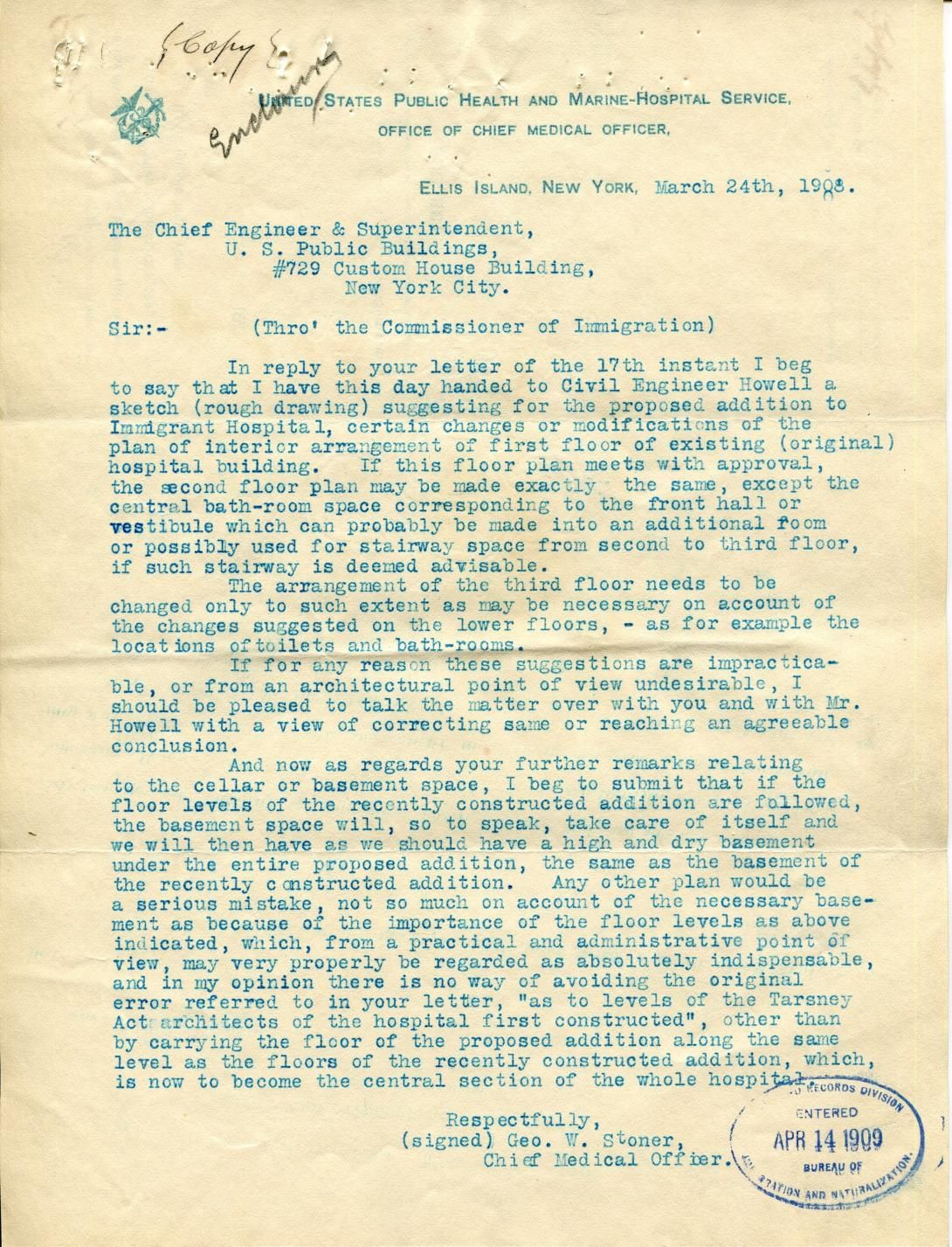 Letter from the Chief Medical Officer of the U.S. Public Health and Hospital Service Office to the Chief Engineer and Superintendent of U.S. Public Buildings Produced: March 24, 1908 Elevator – Hospital, Ellis Island, New York Subject and Policy Files 1906-1957 Record Group 85 Records of the Immigration and Naturalization Service 1787-2004 NAID: 12013836