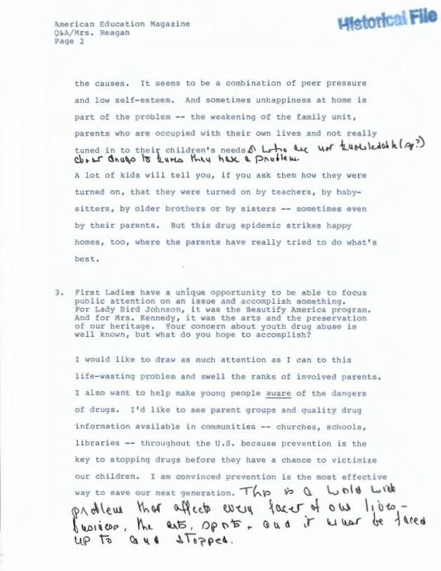 Page 2 of American Education Magazine Q&A/Mrs. Reagan First Lady, Office of the: Press Office: Records OA 13312 American Education Question and Answer January 1983/February 1983 Issues (1 of 2)