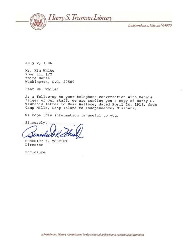 Letter, From: Benedict K. Zobrist To: Ms. Kim White Dated: July 2, 1986 Speechwriting, Office of: Research Office: Records Box 271 07/03/1986 Lighting of the Statue of Liberty (1 of 4)