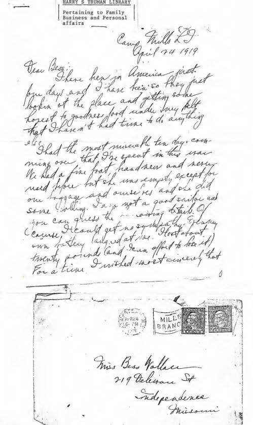 Page 1, Letter, From: Harry S. Truman To: Bess Wallace Dated: April 24, 1919 Speechwriting, Office of: Research Office: Records Box 271 07/03/1986 Lighting of the Statue of Liberty (1 of 4)