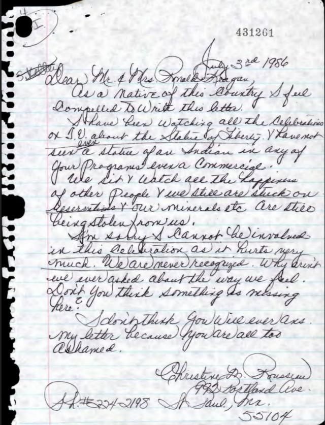 Letter, From: Christine M. Rousseau To: Mr. and Mrs. Ronald Reagan Dated: July 3, 1986 WHORM Subject File IN (Indian Affairs) Box 11 case file 431261