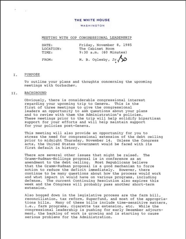 Page 1, Meeting with GOP Congressional Leadership Date: Friday, November 8, 1985 Location: The Cabinet Room Time: 9:30 a.m. President, Office of the: Presidential Briefing Papers: Records Box 63 11/08/1985 (case file 362368)