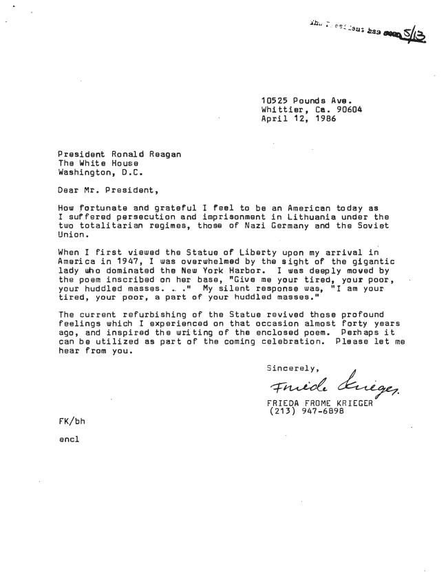 Letter, From: Frieda Frome Krieger To: President Ronald Reagan Dated: April 12, 1986 Speechwriting, Office of: Research Office: Records Box 272 07/03/1986-07/05/1986 Liberty Weekend Backup (3 of 4)