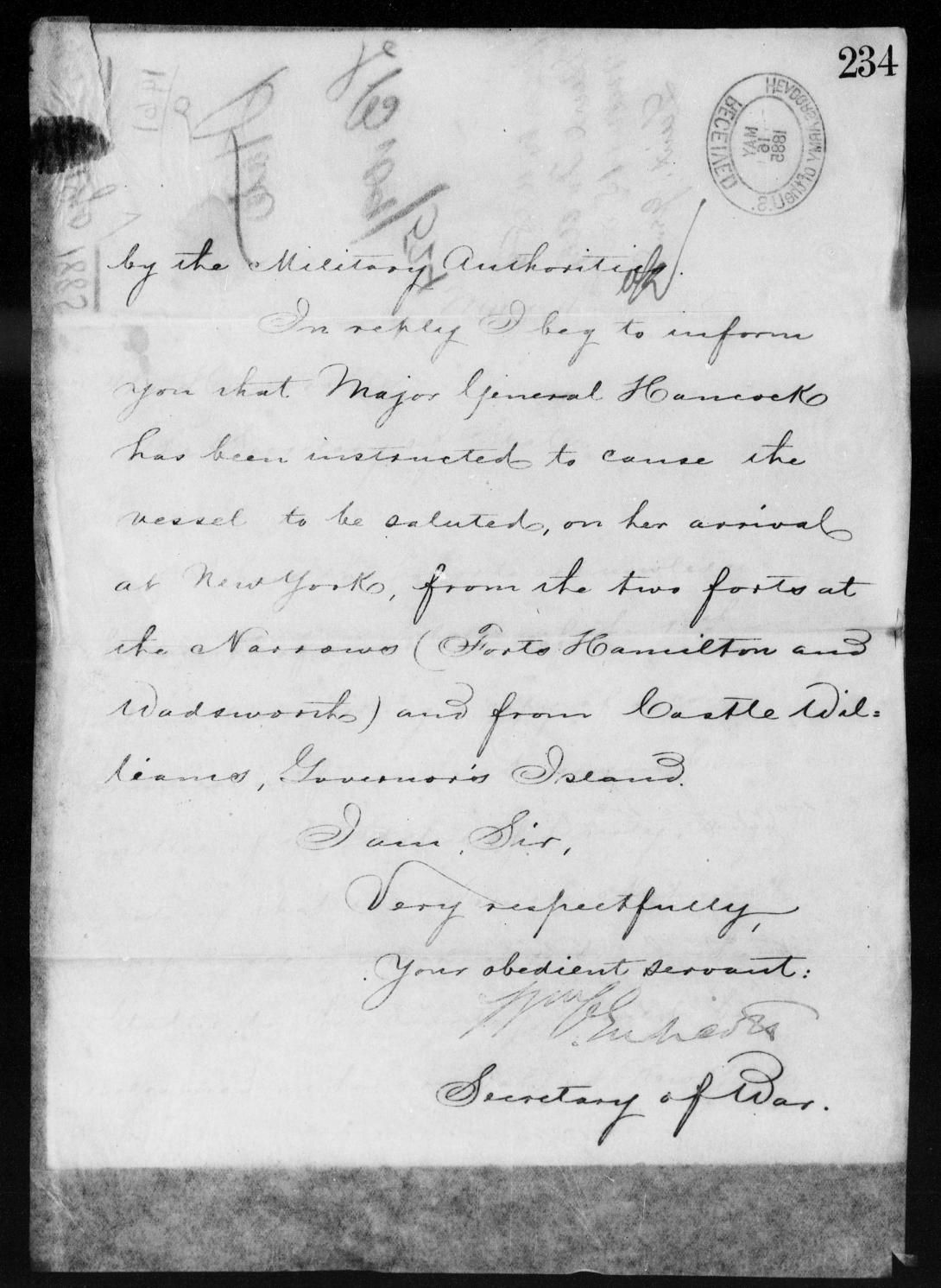 Page 2, Letter, From: Secretary of War To: The Honorable The Secretary of State, Dated: May 11, 1885 1885 - File No. 2283 - Endicott, Wm C Letters Received 1805-1889 Record Group 94 Records of the Adjutant General’s Office 1762-1984 NAID: 146490489