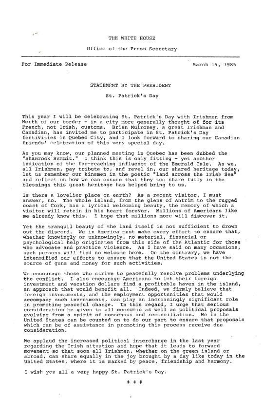 Statement by the President St. Patrick’s Day 03/15/1985, Green, Max: Files Box 2 Irish Issues (1 of 4)