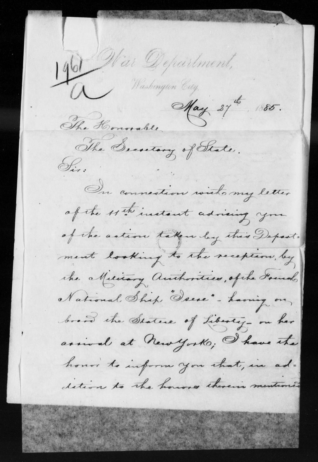 Page 1, Letter, From: Secretary of War To: The Honorable The Secretary of State, Dated: May 27, 1885 1885 - File No. 2283 - Endicott, Wm C Letters Received 1805-1889 Record Group 94 Records of the Adjutant General’s Office 1762-1984 NAID: 146490489