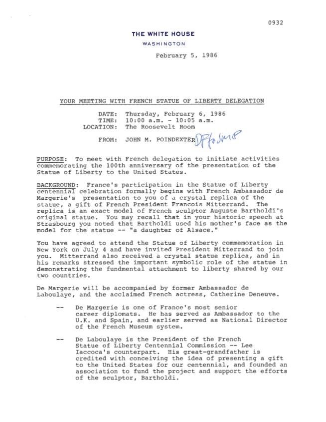Page 1, Your Meeting with French Statue of Liberty Delegation Date: Thursday, February 6, 1986 Time: 10:00 a.m. – 10:05 a.m. Location: The Roosevelt Room From: John M. Poindexter Dated: February 5, 1986 President, Office of the: Presidential Briefing Papers: Records Box 66 02/06/1986 (case file 400706)
