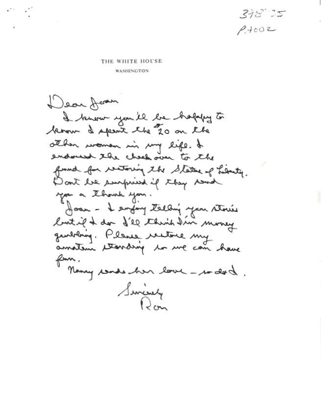 Letter, From: Ron To: Joan WHORM Subject File PA002 (Parks – Monuments: Materials – Monuments) Box 7 case file 398735)