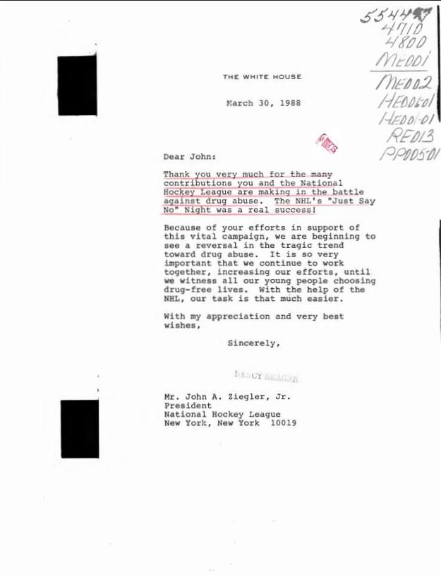 Letter, From: Nancy Reagan To: Mr. John A. Ziegler, Jr. dated 03/30/1988 case file 554497 ME001 (Messages: Messages, Presidential) WHORM Subject File