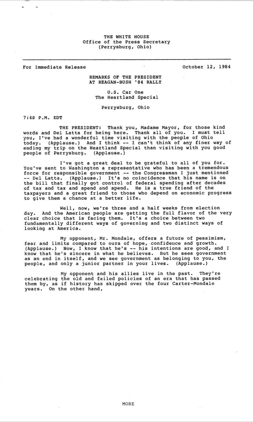 Page 16, Press Release, "Remarks of the President at Reagan-Bush '84 Rally" re: "President's Truman's Whistle Stop Campaign, " from Clary, Donald Files (Office Cabinet Affairs), Box OA 14307, Folder Title: Whistle Stop 10/12/1984 (2)