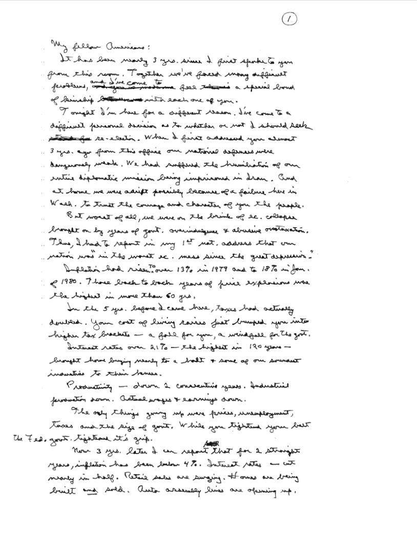 Page 16, Handwritten draft of the "Address to the Nation" on 01/29/1984, from President, Office of the: Presidential Briefing Papers, Box 13, Folder Title: 01/29/1984 Address To The Nation (Re-Election Announcement Speech) 200587 SP840
