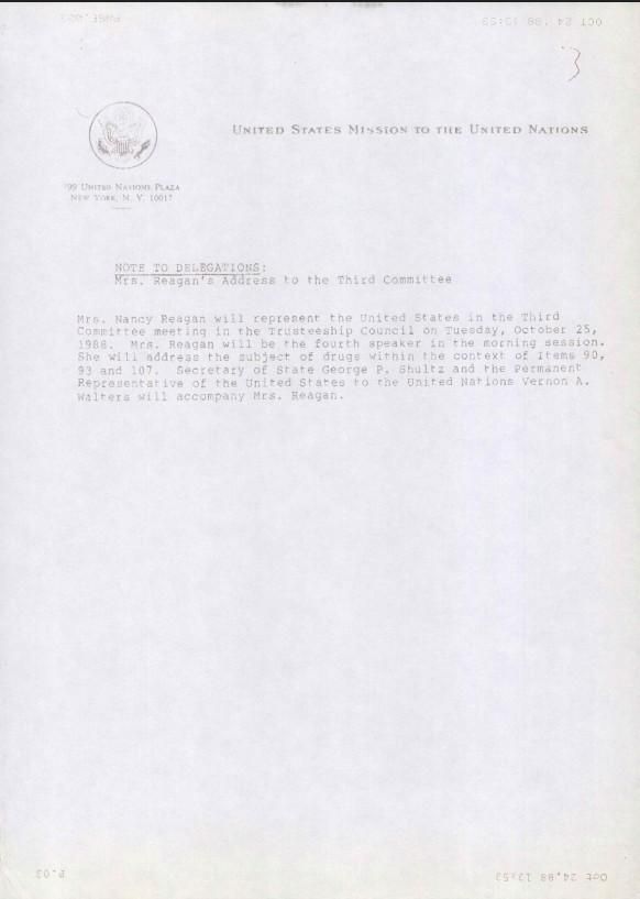 Note to Delegations: Mrs. Reagan’s Address to the Third Committee United States Mission to the United Nations First Lady, Office of the: Press Office: Records OA 18755 #51 Media Advisory – Nancy Reagan Address to United Nations General Assembly on Drug Abuse New York City 10/25/1988