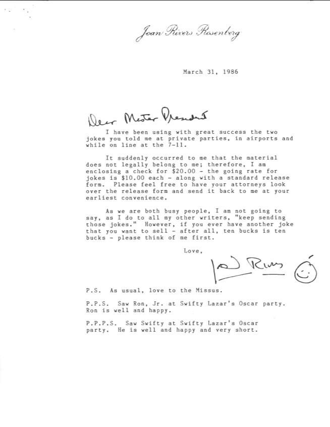 Letter, From: Joan Rivers To: Mister President Dated: March 31, 1986 WHORM Subject File PA002 (Parks – Monuments: Materials – Monuments) Box 7 case file 398735
