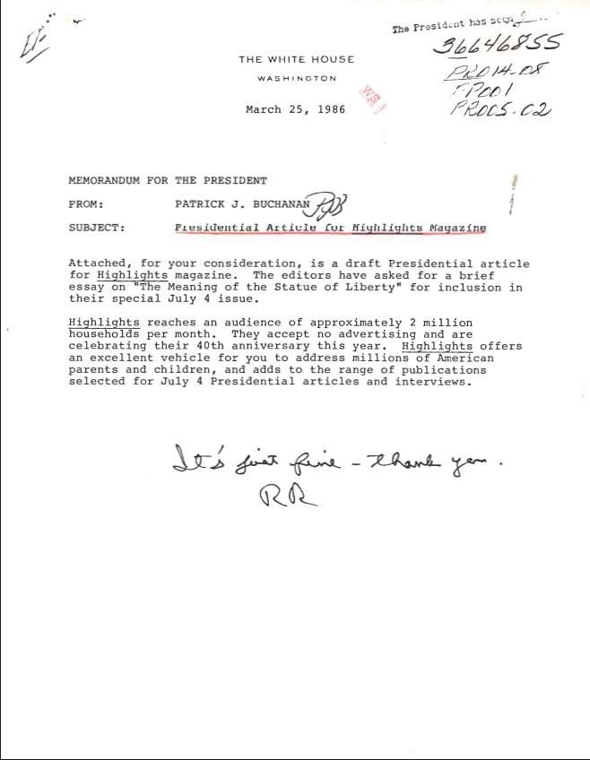 Memorandum For The President From: Patrick J. Buchanan Subject: Presidential Article for Highlights Magazine Dated: March 25, 1986 with note from RR WHORM Subject File PR014-08 (Public Relations: Public Relations: Presidential Favors, requests for: Opinions – Statements – Questionnaires – Articles) Box 23 case file 366468SS