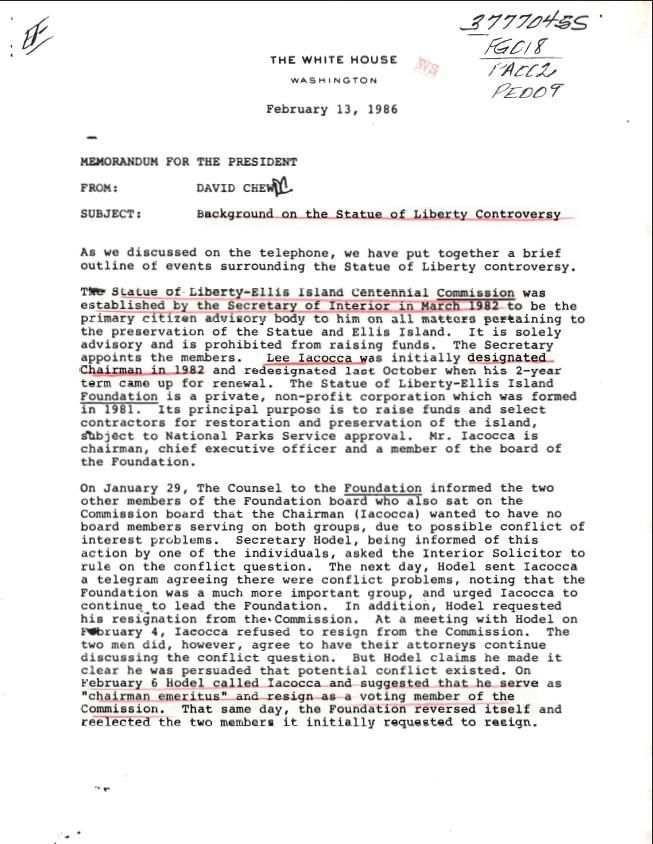 Page 1, Memorandum for The President From: David Chew Subject: Background on the Statue of Liberty Controversy Dated: February 13, 1986 WHORM Subject File FG018 (Federal Government Organizations: Department of the Interior) Box 7 case file 377704SS