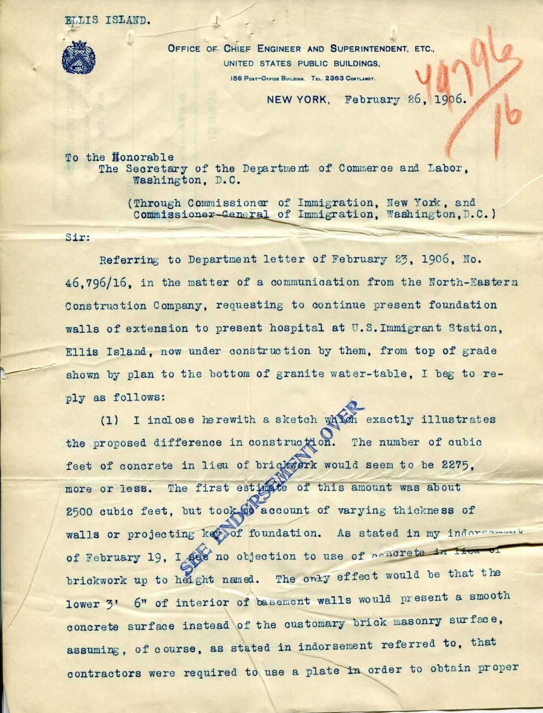 Letter from the Office of the Commissioner of Immigration to the Commissioner-General of Immigration Produced: March 1, 1909 Elevator – Hospital, Ellis Island, New York Subject and Policy Files 1906-1957 Record Group 85 Records of the Immigration and Naturalization Service 1787-2004 NAID: 12013833