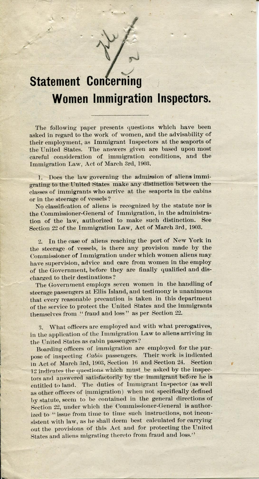 Statement Concerning Women Immigration Inspectors by Margaret Dye Ellis of the Woman’s Christian Temperance Union Produced: ca. 1903 Reports of Boarding Matrons, Ellis Island Subject and Policy Files 1906-1957 Record Group 85 Records of the Immigration and Naturalization Service NAID: 16476448