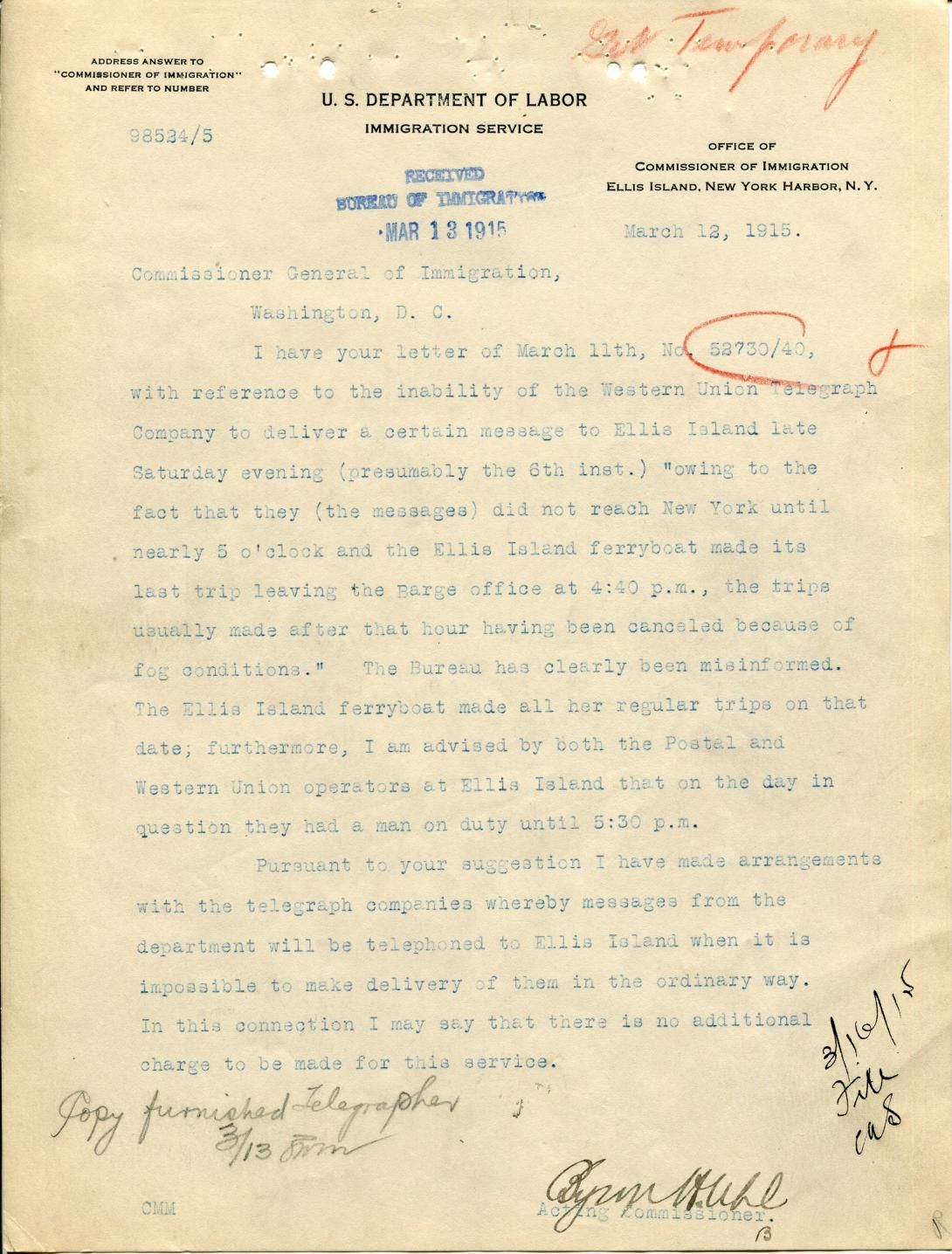Letter to Commissioner of Immigration Produced: March 12, 1915 General File Appeal Cases Subject and Policy Files 1906-1957 Record Group 85 Records of the Immigration and Naturalization Service 1787-2004 NAID: 16476618