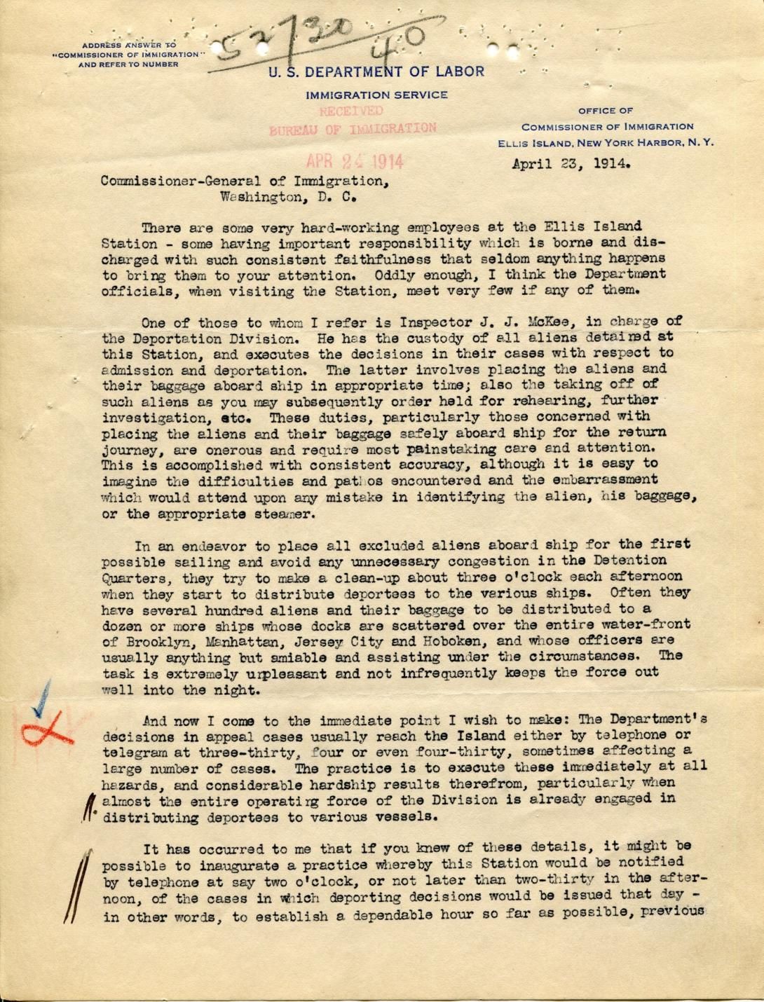  Page 1, Letter from John J. Habarle to the Commissioner General of Immigration Produced: April 23, 1914 General File Appeal Cases Subject and Policy Files 1906-1957 Record Group 85 Records of the Immigration and Naturalization service 1787-2004 NAID: 29915437