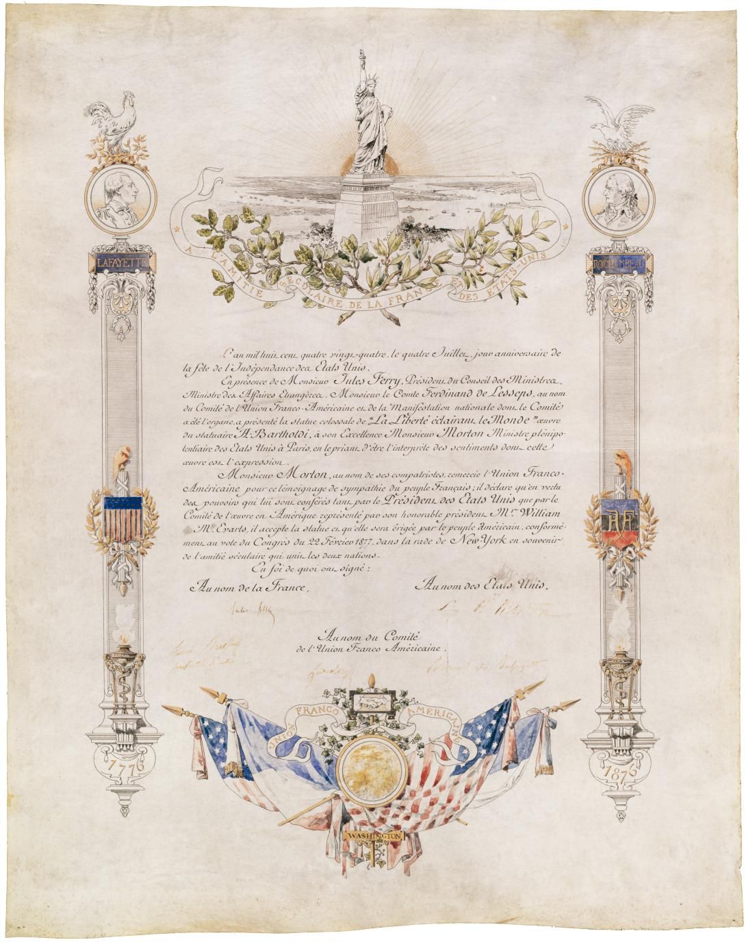 Deed of Gift for the Statue of Liberty This item provides information on the presentation and acceptance of the Statue of Liberty as a gift from the French People. This item was enclosed in a dispatch from Levi P. Morton, United States Minister of France, July 5, 1884. Produced: July 4, 1884 Collected Manuscripts and Papers ca. 1789-1918 Record Group 59 General Records of the Department of State 1763-2002 NAID: 595444