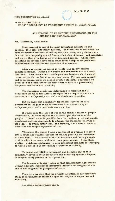 Page 1, Statement of President Eisenhower on the Subject of Disarmament dated 07/21/1955 Disarmament Statement, Geneva 07/21/1955 Speech Files 1953-1961 Eisenhower, Dwight D.: Papers as President of the United States 1953-1961 Dwight D. Eisenhower Presidential Library NAID: 72736181