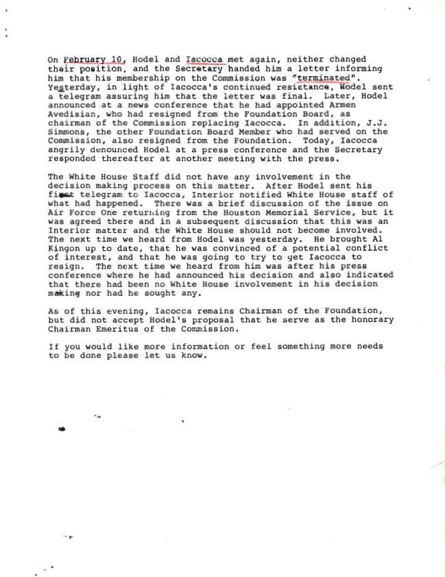 Pag 2, Memorandum for The President From: David Chew Subject: Background on the Statue of Liberty Controversy Dated: February 13, 1986 WHORM Subject File FG018 (Federal Government Organizations: Department of the Interior) Box 7 case file 377704SS