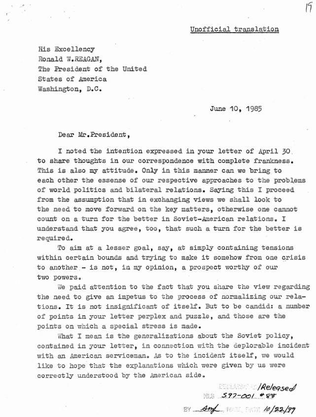 Page 1, Letter dated June 10, 1985 From: M. Gorbachev To: Mr. President Executive Secretariat, NSC: Head of State File: Records Box 40 U.S.S.R.: General Secretary Gorbachev (8590683, 8590713)
