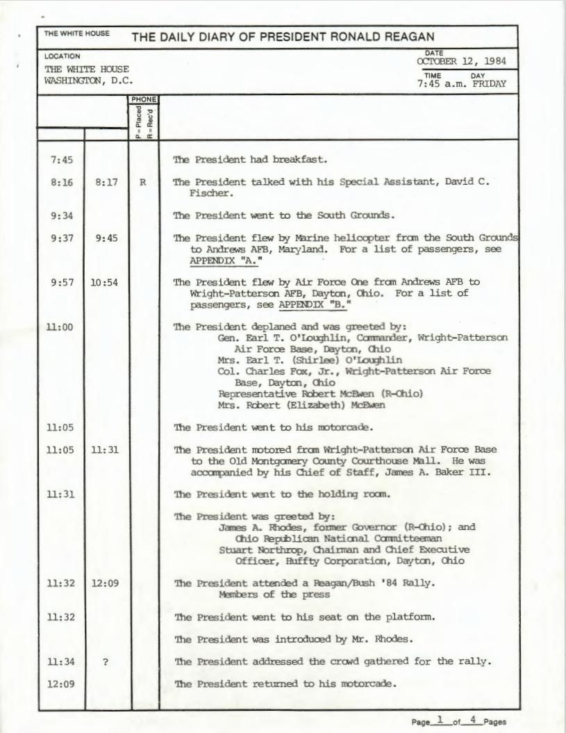 Page 20, Daily Diary Schedule for 10/12/1984, from the President, Office of the: The President's Daily Diary, Box 15, Folder Title: The President’s Daily Diary [10/10/1984-10/22/1984]