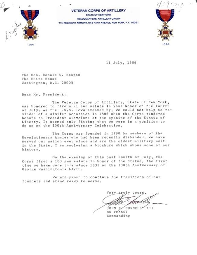 Letter, From: John E. Connelly III To: The Hon. Ronald Reagan Dated: July 11, 1986 WHORM Subject File PA002 (Parks – Monuments: Materials – Monuments) Box 7 case file 409730