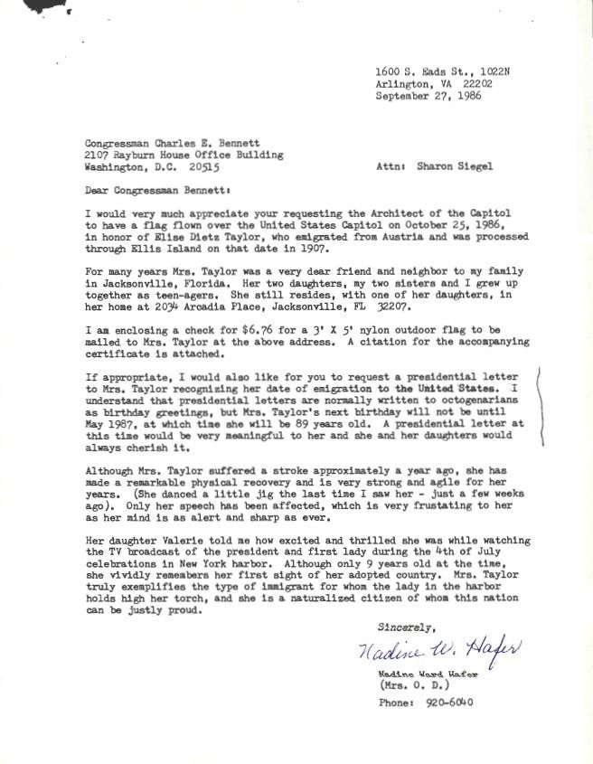 Letter, From: Nadine Ward Hafer To: Congressman Charles E. Bennet Dated: September 27, 1986 WHORM Subject File ME001 (Messages: Messages, Presidential) Box 146 case file 428997