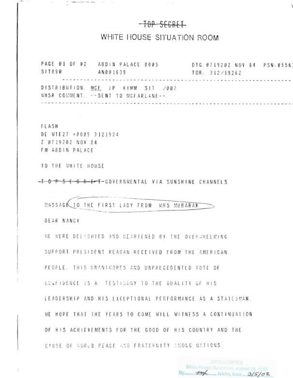 Page 21, Cable from Mrs. (Suzanne) Mubarak to Nancy Reagan, From Executive Secretariat, from the Executive Secretariat, NSC: Head of State File, Box 1, Folder Title: [Election/Inaugural Messages 1984-1985] (1 of 2) 