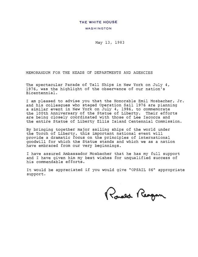Memorandum For The Heads of Departments and Agencies From: Ronald Reagan Dated: May 13, 1983 McManus, Michael: Files Box 2 Ellis Island (1 of 3)