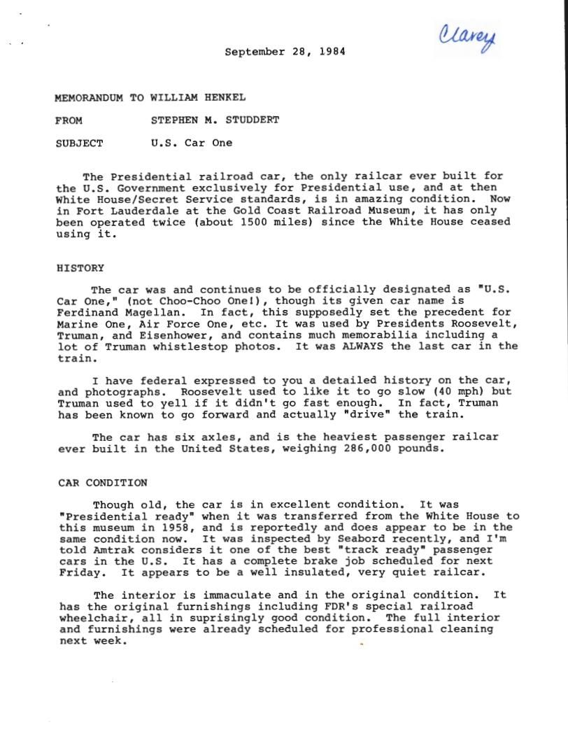 Page 24, Memo from Studdert to William Henkel re: "U.S. Car One," from Clarey, Donald: Files (Office of Cabinet Affairs), Box OA 14307, File Title: Whistle Stop 10/12/1984 (2)