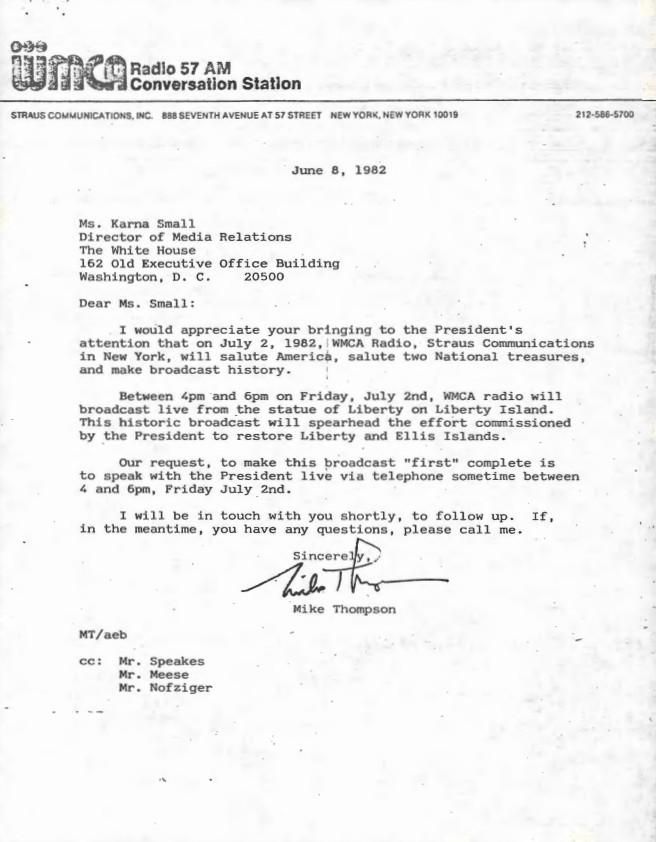 Letter, From: Mike Thompson To: Ms. Karna Small Dated: June 8, 1982 Media Relations, Office of: Records Box 35 Taping 06/28/1982 [Santa Barbara 4th of July, Ellis Island, 4th of July Audio, Legislative]